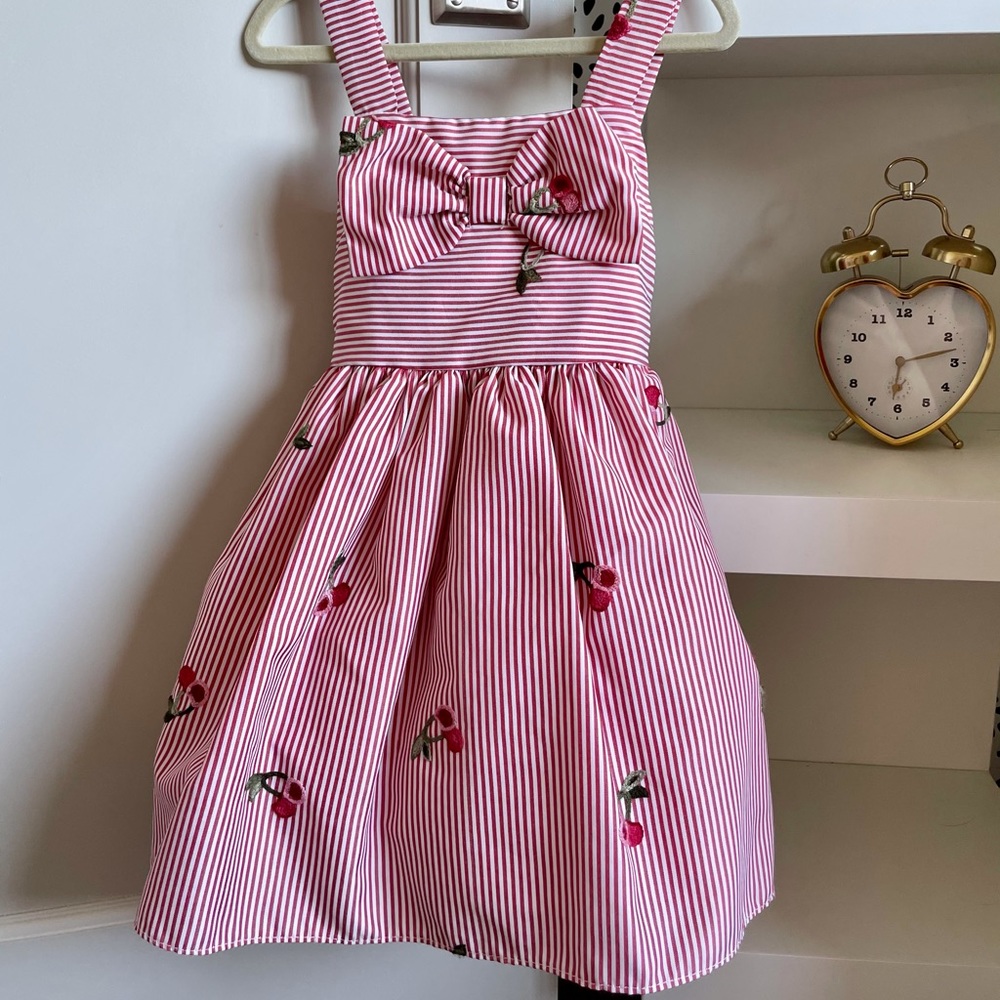 Red and white pinstripe cherry dress, 3T